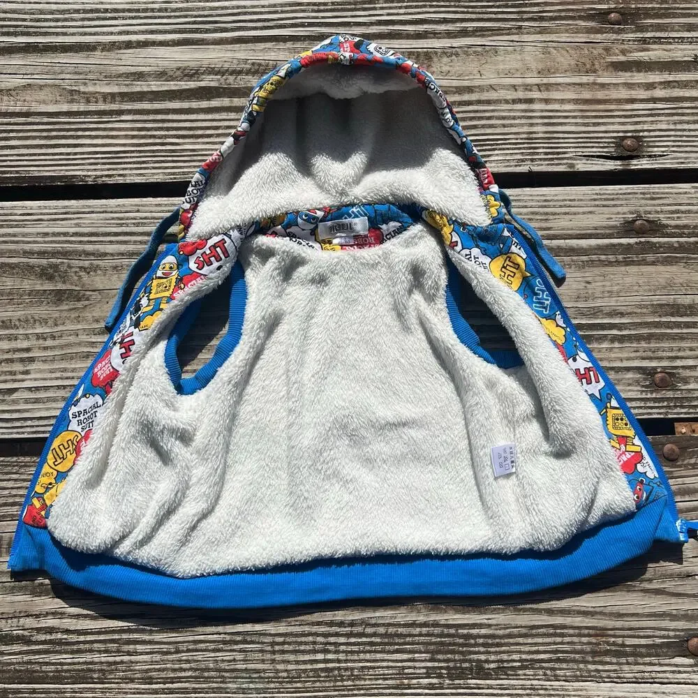 Japanese Robot Print Hooded Vest 2T | Faux Fur Lined Zip Kawaii Cartoon Toddler